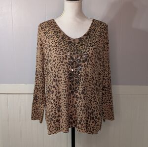 Chico’s Metallic Leopard Sequin Knit Top – Size 3 (XL/XXL)